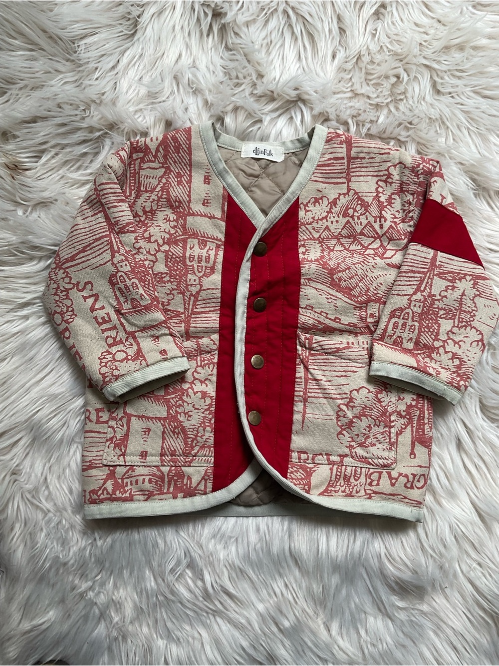 Elfinfolk  city print Children's Quilted Red & Cream Jacket